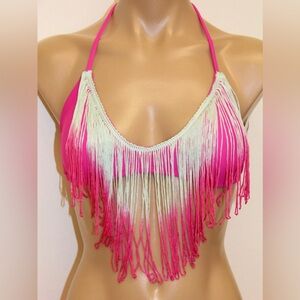 The Bikini Lab Vibrant Pink and White Fringe Top